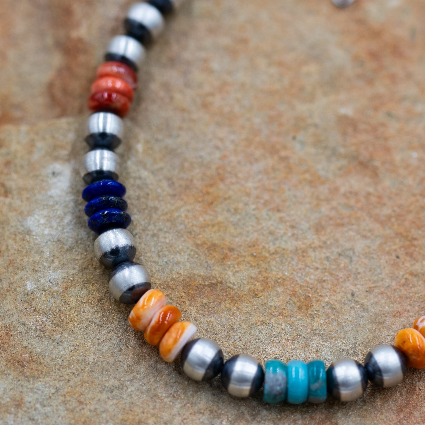 Multi Stone Sterling Silver 6mm Pearls Bracelet with Orange Spiny Oyster Lapis and Turquoise