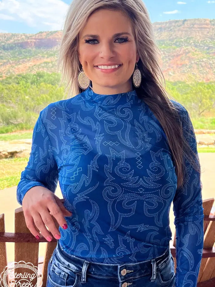 Blue Boot Stitch Bonfire Nights Mesh Top
