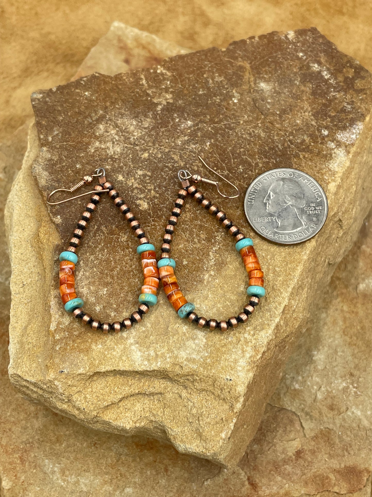 Copper Turquoise and Orange Spiny Oyster Earrings