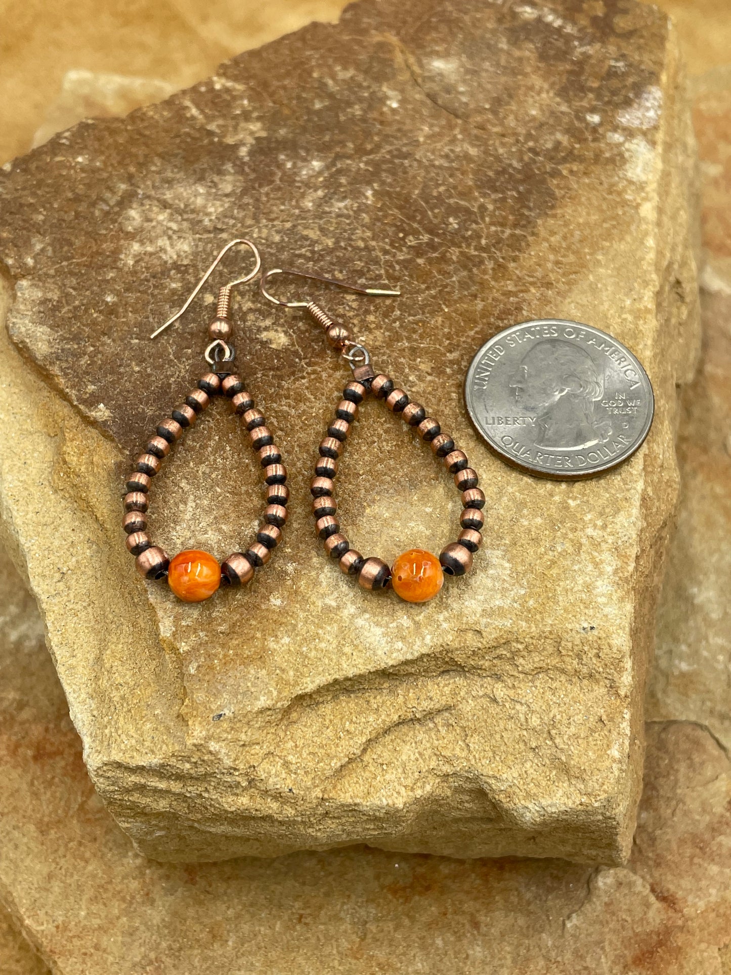 Copper Hoop and Orange Spiny Oyster Earrings