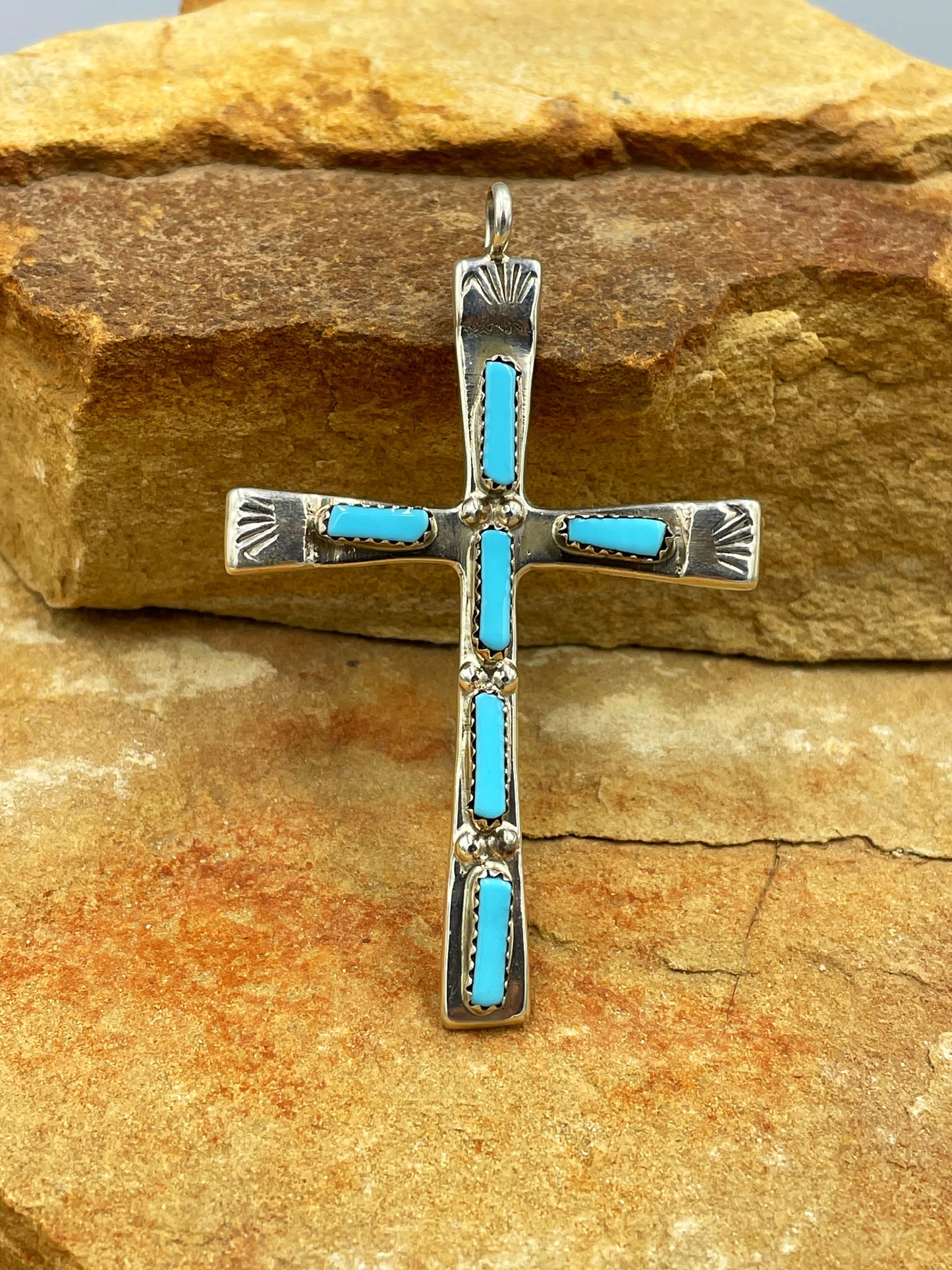Zuni Cross Sterling Silver Pendant with Kingman Turquoise By Ceclia Lule