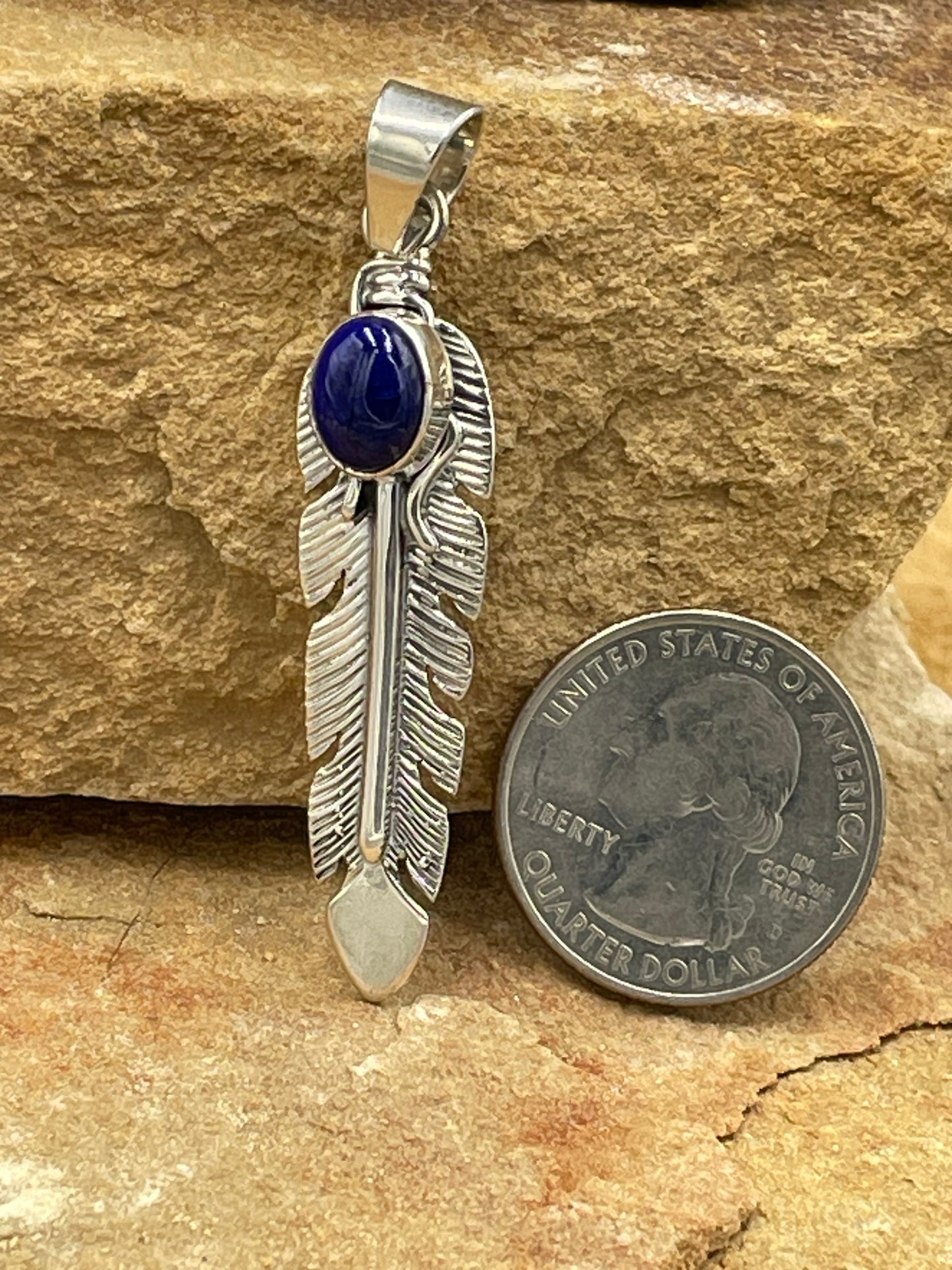 Sterling Silver Feather Pendant with Lapis