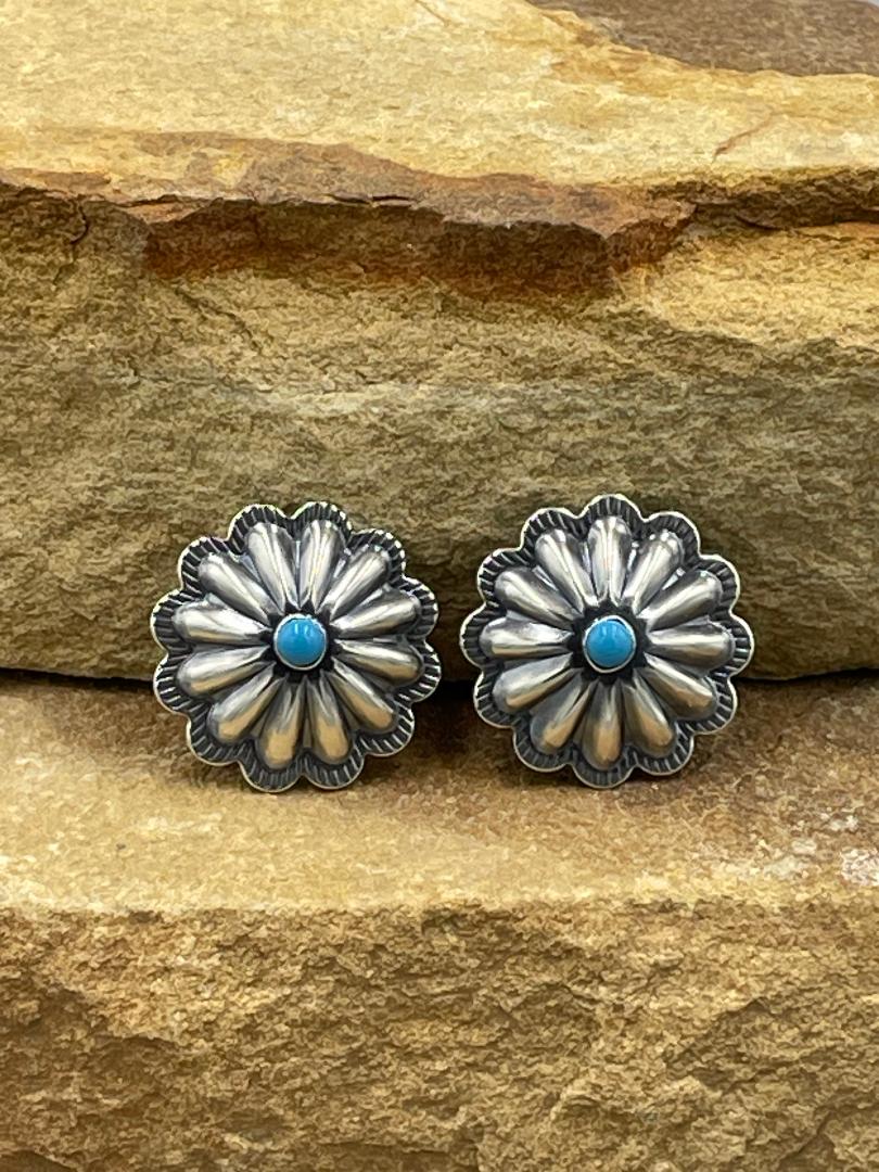 Sterling Silver Stamped Concho with Kingman Turquoise Post Earrings