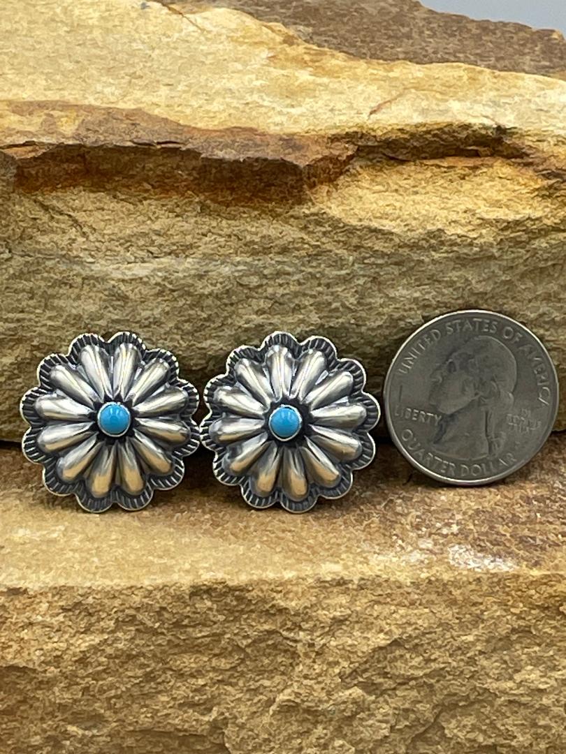 Sterling Silver Stamped Concho with Kingman Turquoise Post Earrings