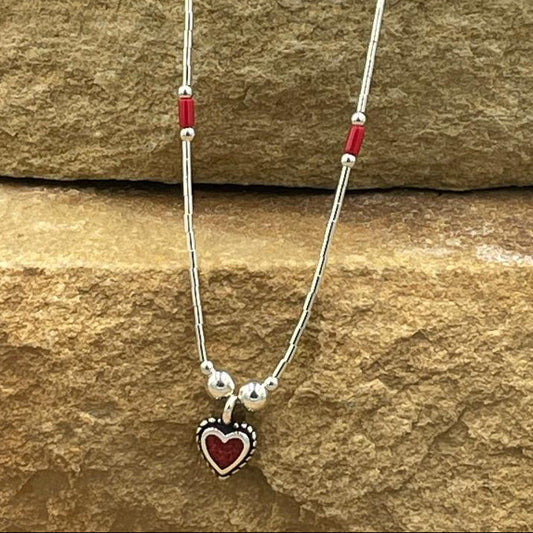 Liquid Sterling Silver Heart and Coral Necklace 16"
