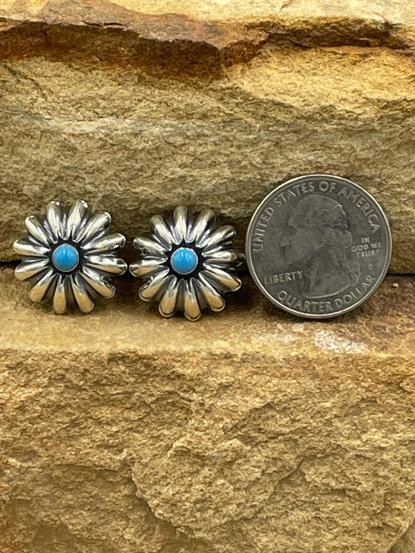Sterling Silver Concho with Kingman Turquoise Post Earrings