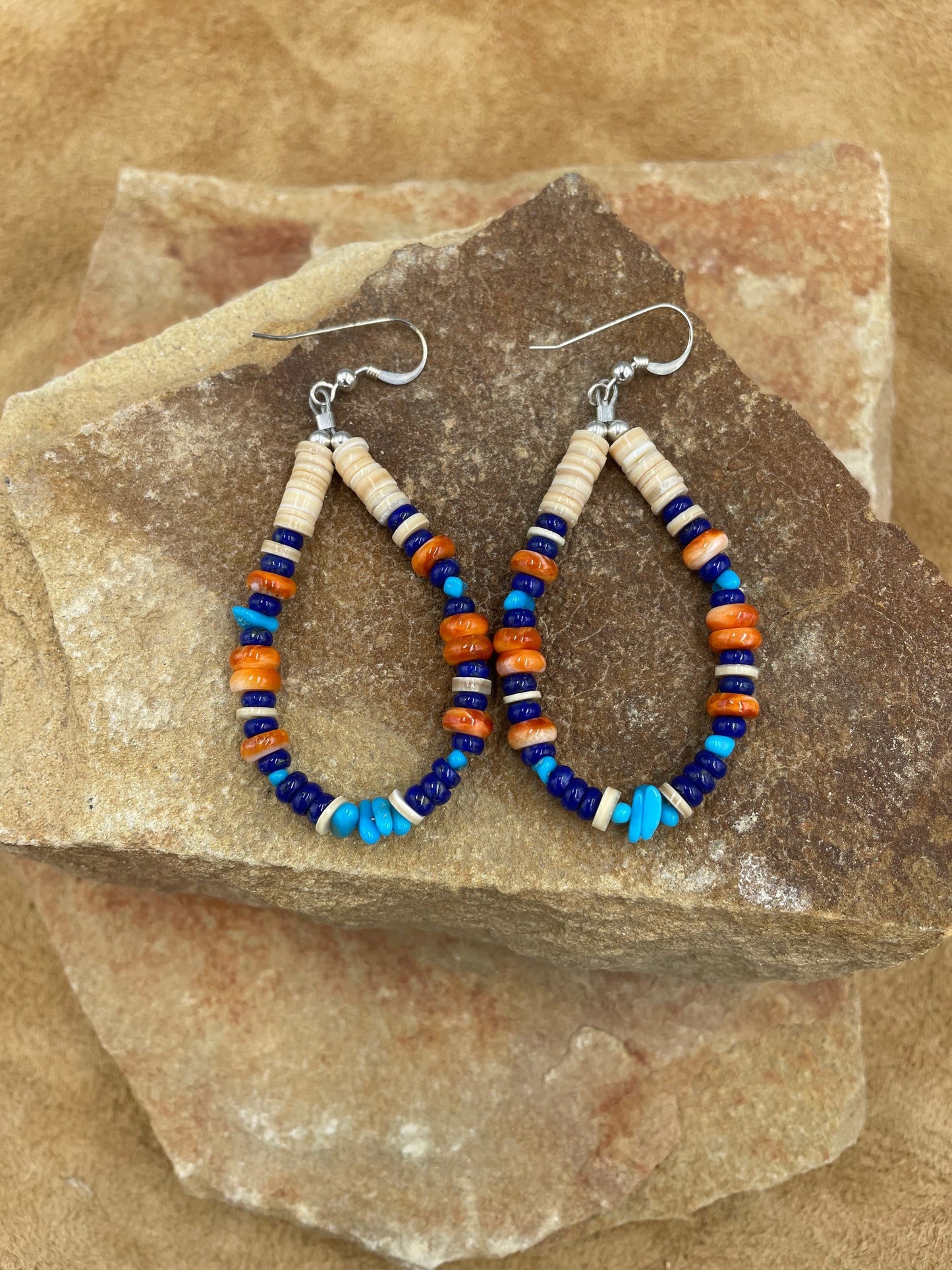 Orange Spiny Oyster, Lapis and Sleeping Beauty Turquoise dangle earrings