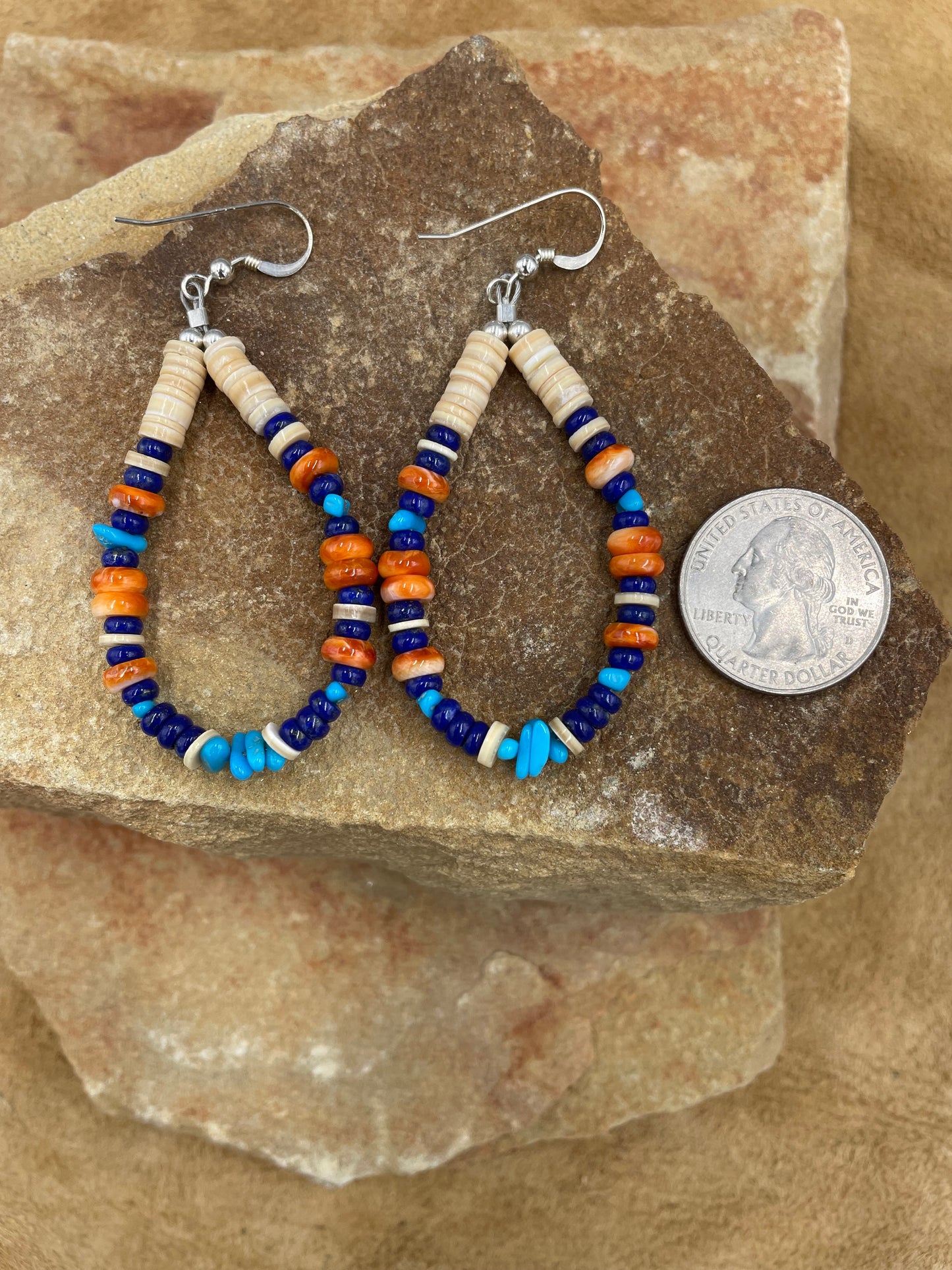 Orange Spiny Oyster, Lapis and Sleeping Beauty Turquoise dangle earrings
