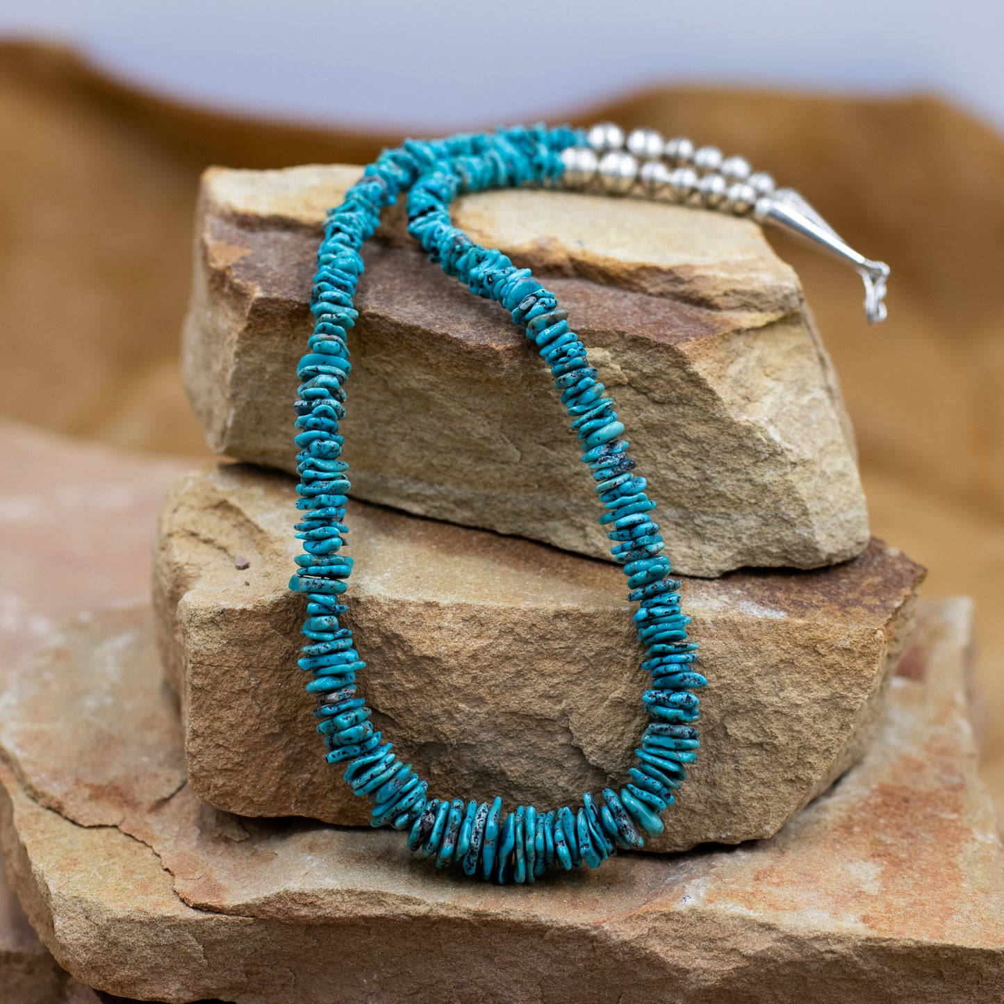 Kingman Turquoise Chip with Sterling Silver Pearls 22" Necklace