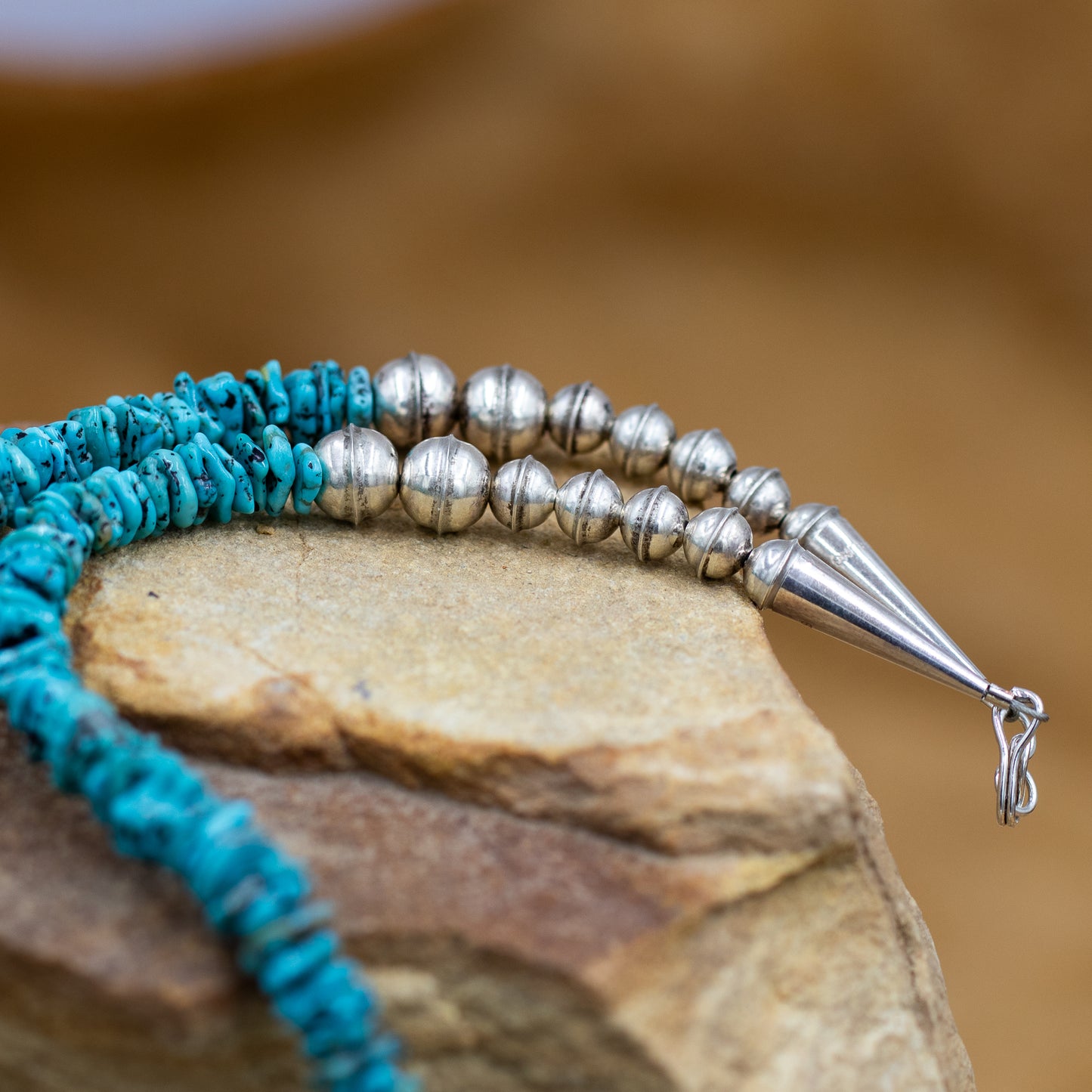Kingman Turquoise Chip with Sterling Silver Pearls 22" Necklace