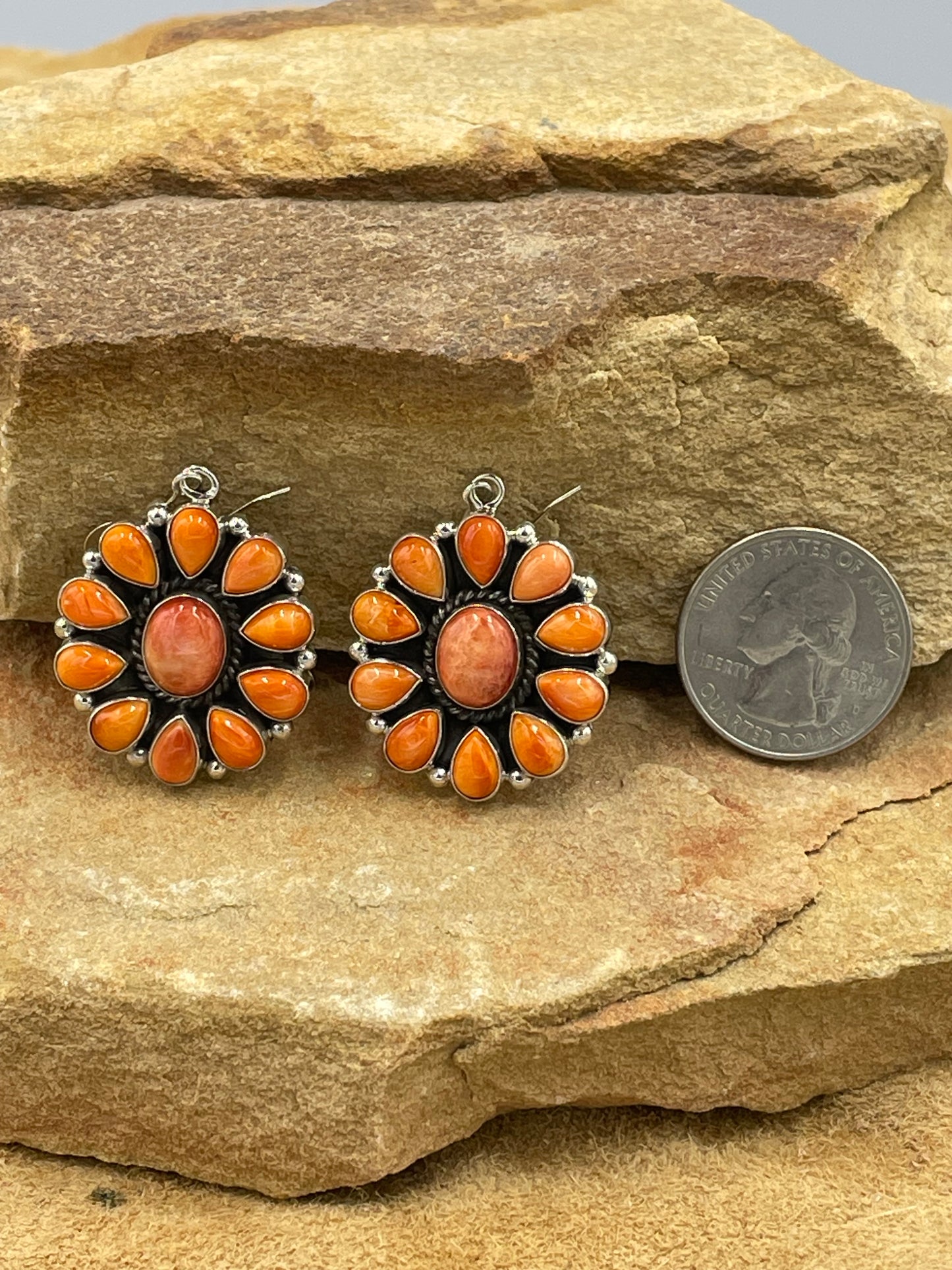 Orange Spiny Oyster Cluster Sterling Silver Dangle Earrings by artist Carol Wylie