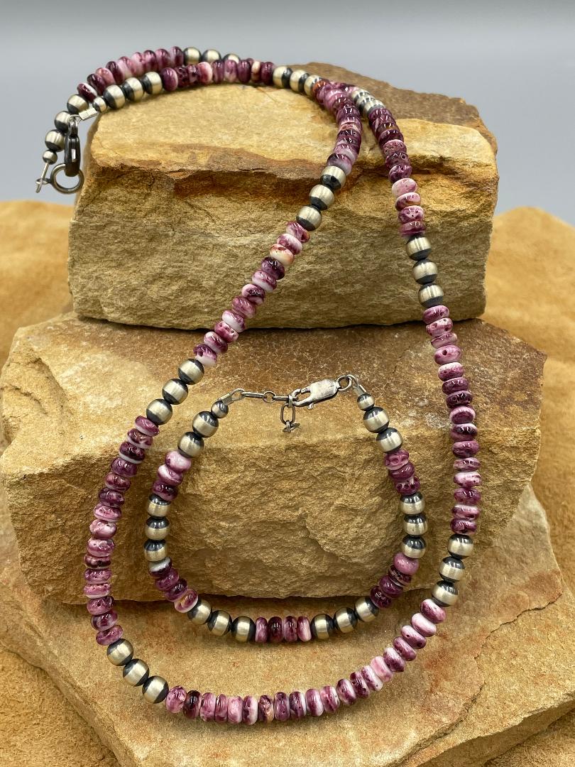 Sterling Silver 6mm Pearls and Purple Spiny Oyster 22"Necklace Set