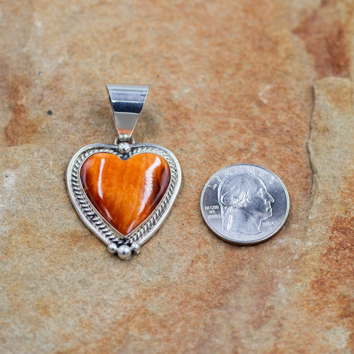 Sterling Silver Orange Spiny Oyster Heart Pendant by C. Charley