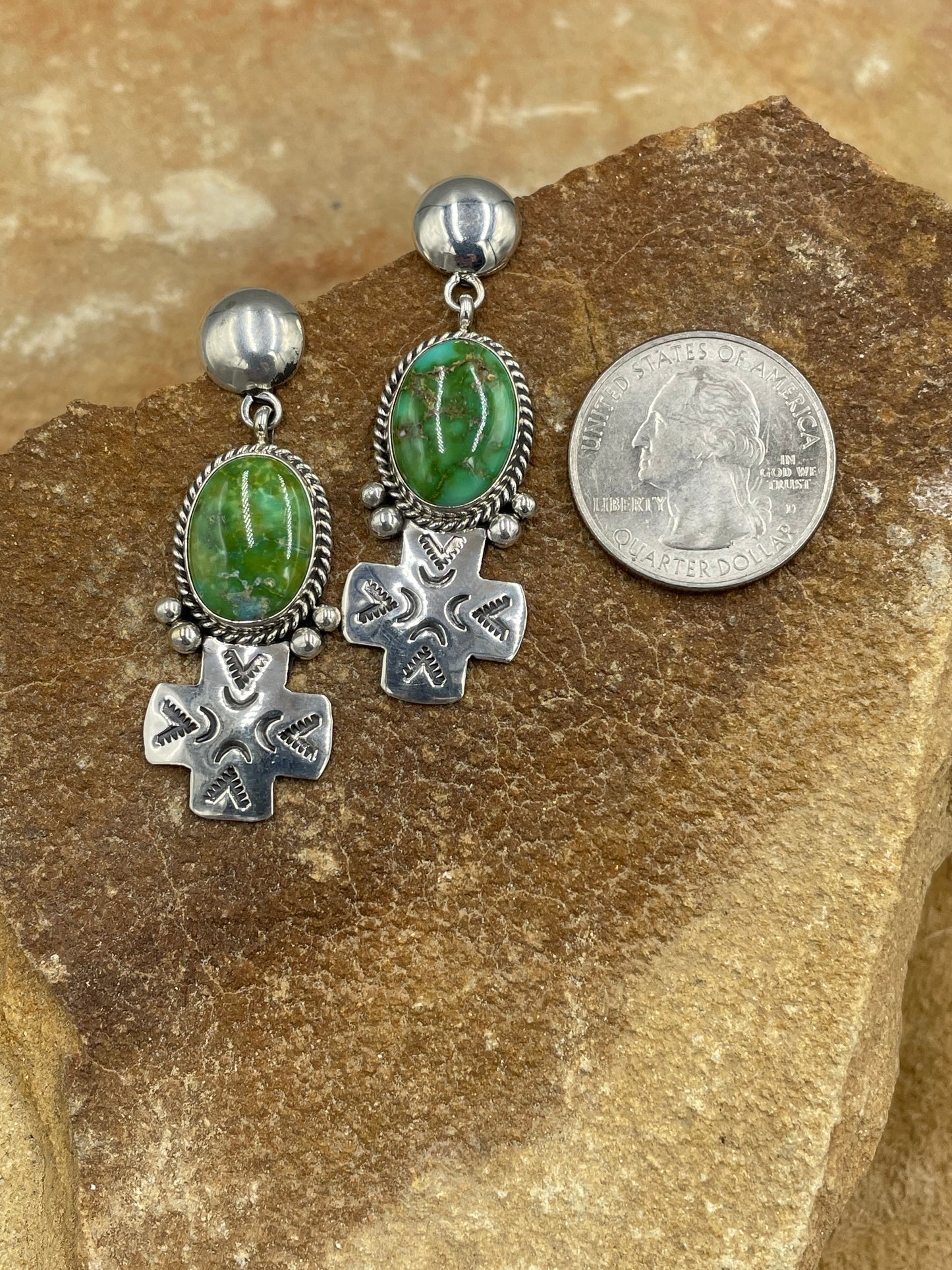 Sonoran Gold Turquoise Sterling Silver Dangle Earrings by artist Darrell Wylie