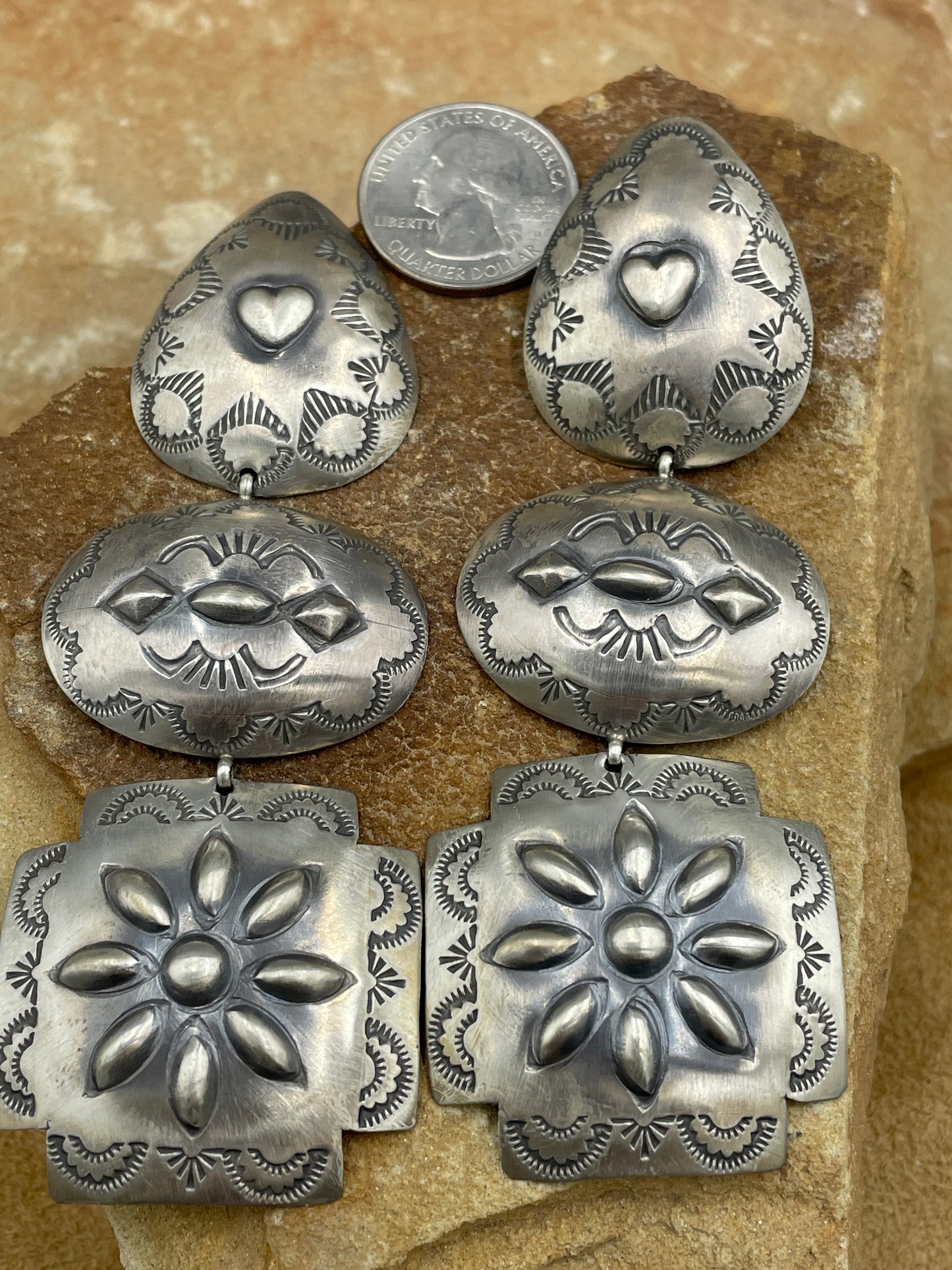 Beautiful Sterling Silver Repoussé Triple Concho Dangle Earrings Signed by the artist Rita Lee.