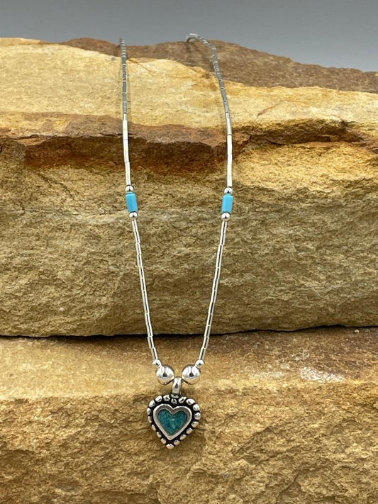 Liquid Sterling Silver Heart and Turquoise Necklace 16"