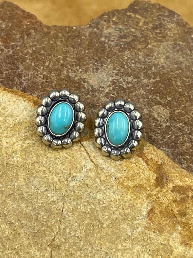 Sterling Silver Dotted Edge Turquoise Post Earrings