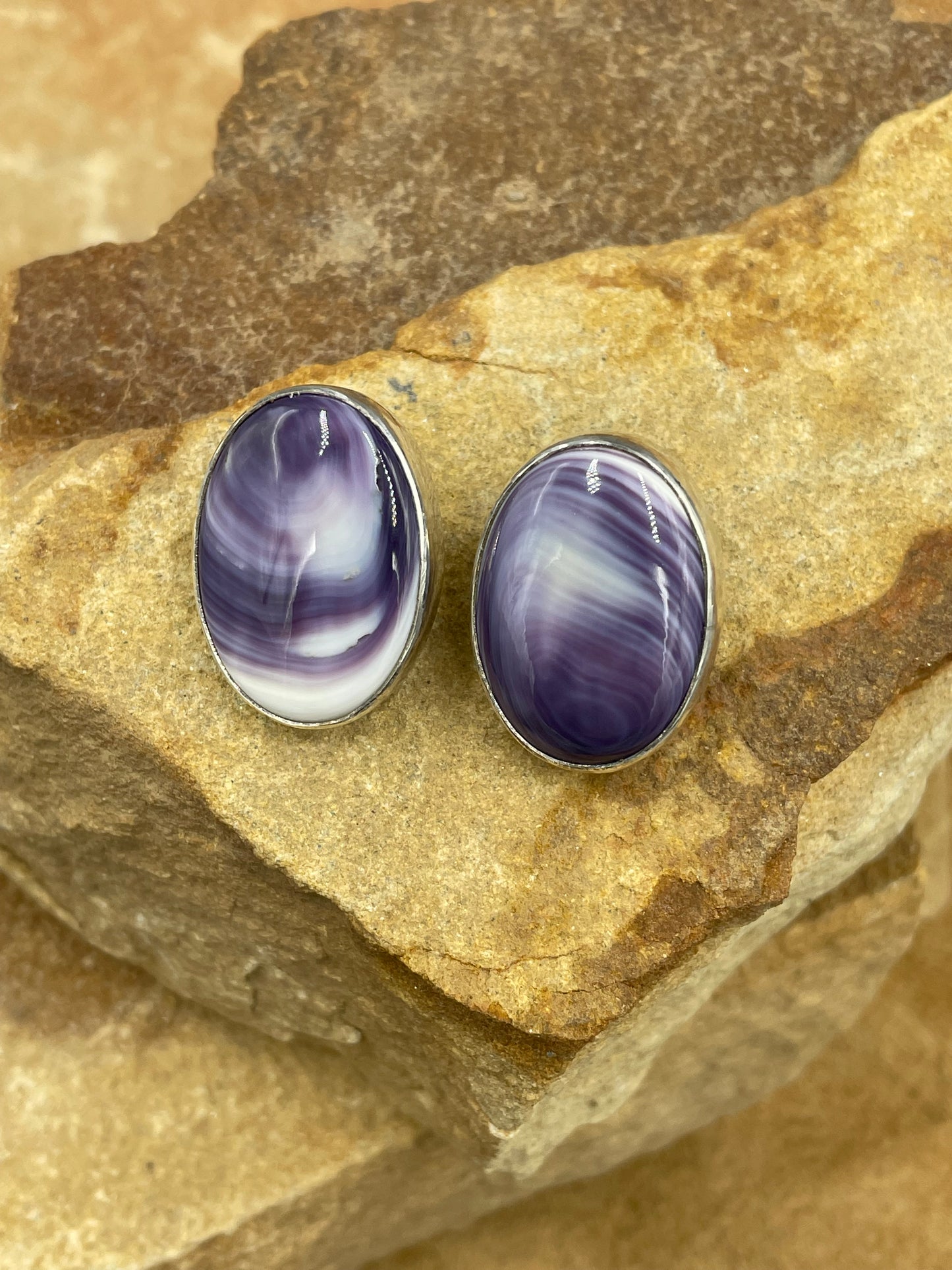 Dark Purple Wampum Shell Post Earrings in Sterling Silver by artist Edison Smith