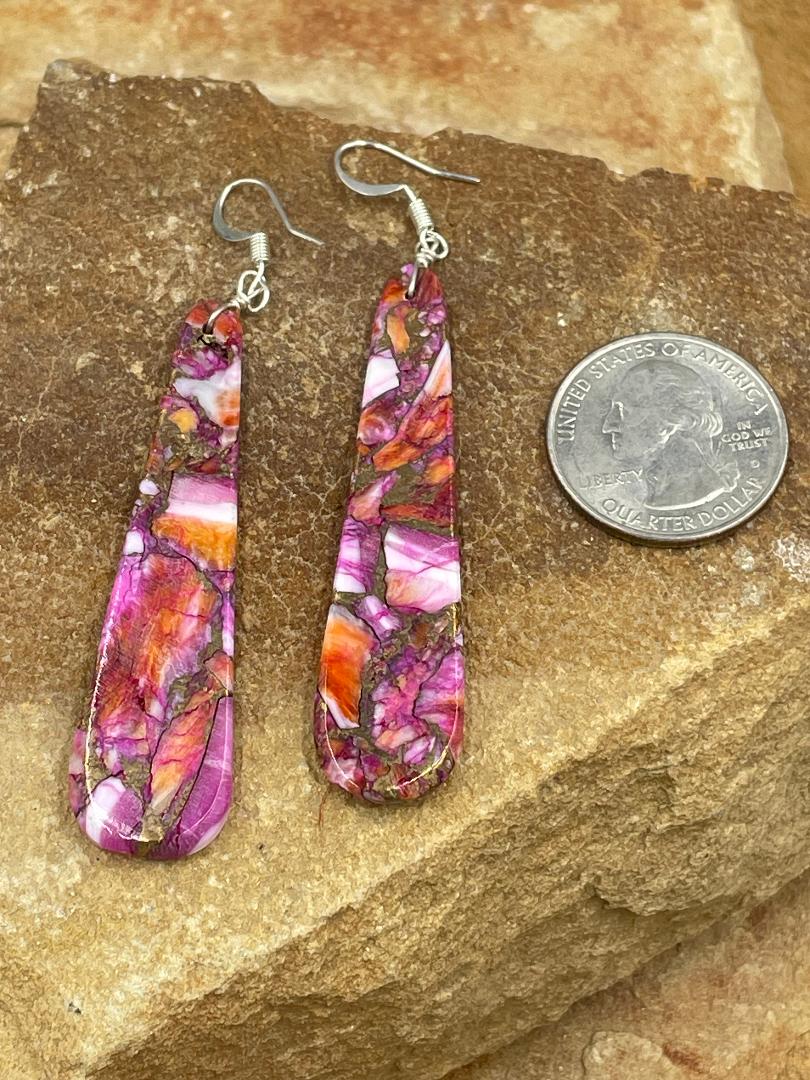 Pink Dahlia Slab Sterling Dangle Earrings