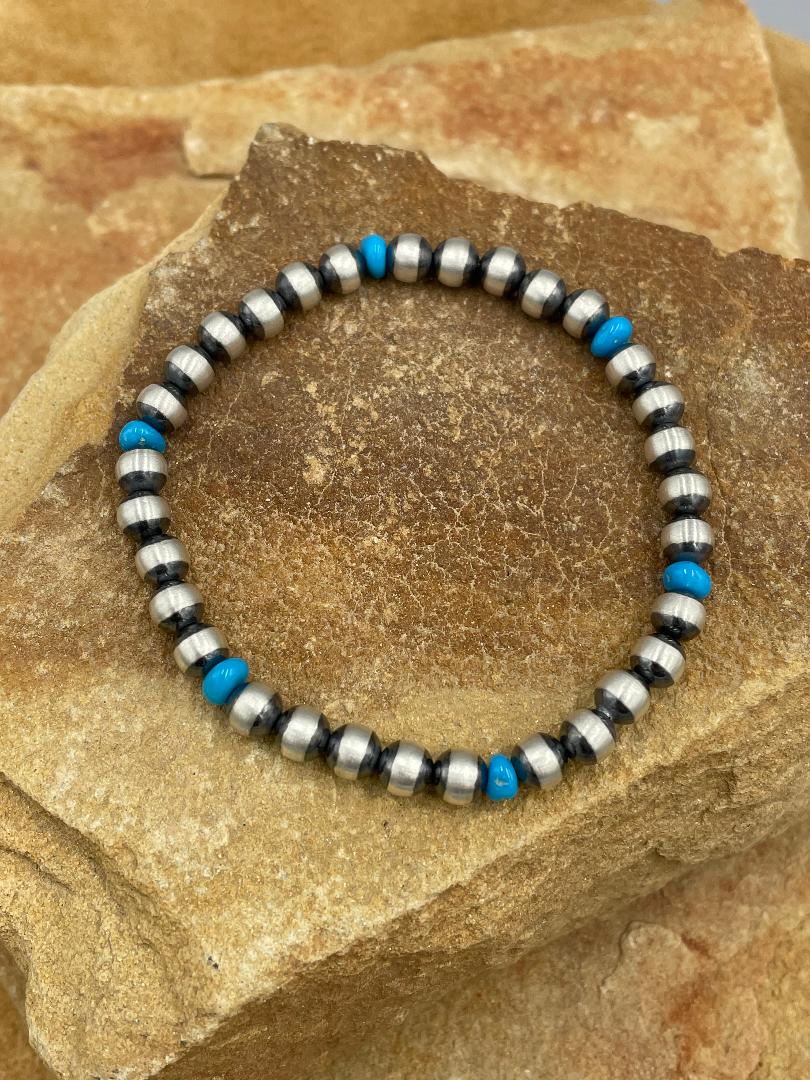 Sterling Silver 6mm Pearls with Natural Sleeping Beauty Turquoise 7" stretch bracelet