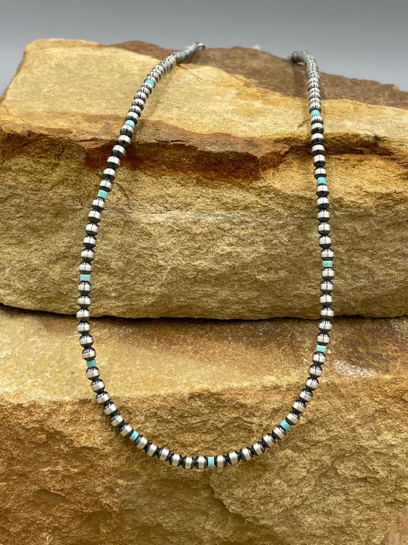 Sterling Silver 3mm Pearl with Kingman Turquoise 14" Necklace