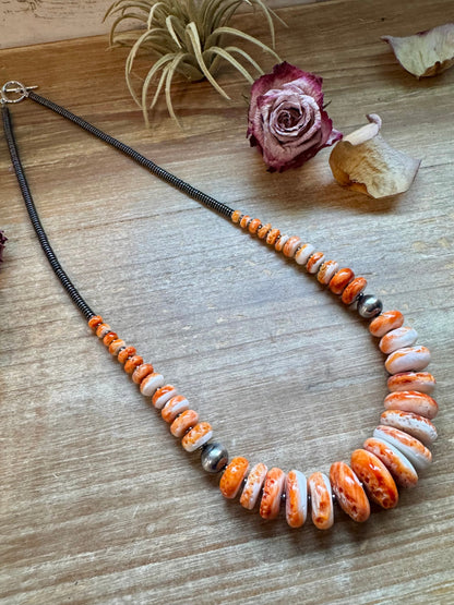 23 inch Graduated Orange Spiny Necklace with Sterling Silver Pearls