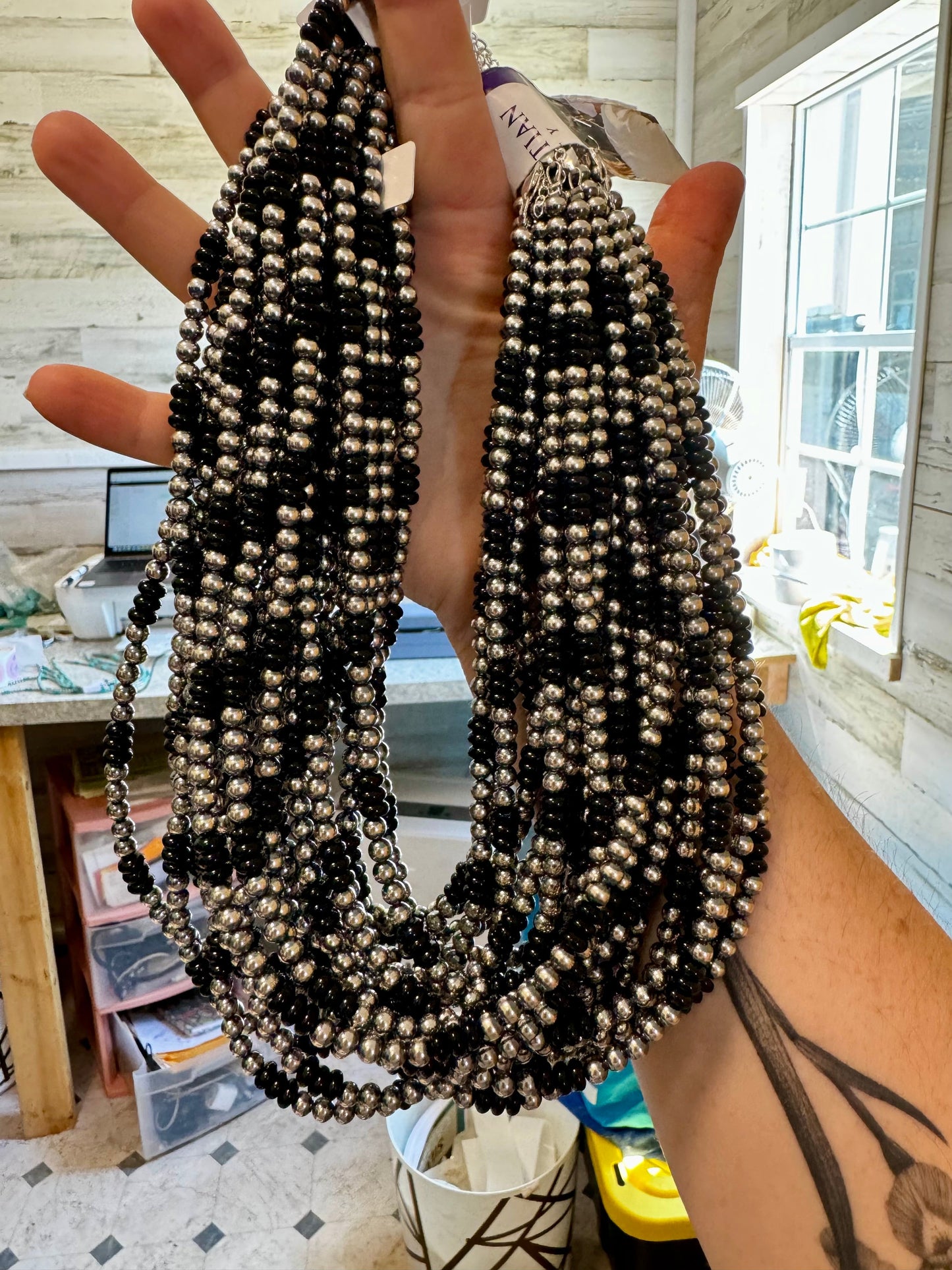 18 Inch 5 mm Sterling Silver Pearls necklace with Black Onyx