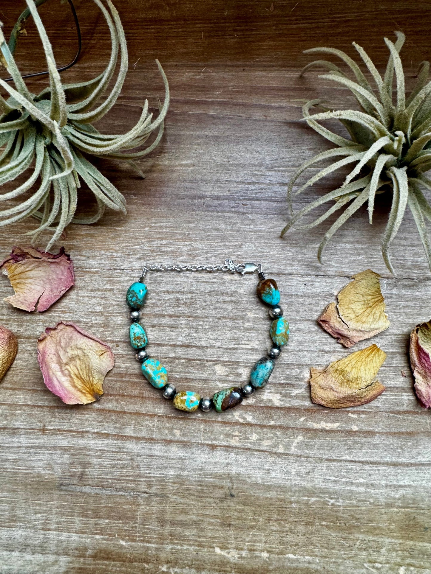 Turquoise Nugget & 6mm Sterling Silver Pearl Bracelet