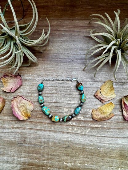 Turquoise Nugget & 6mm Sterling Silver Pearl Bracelet