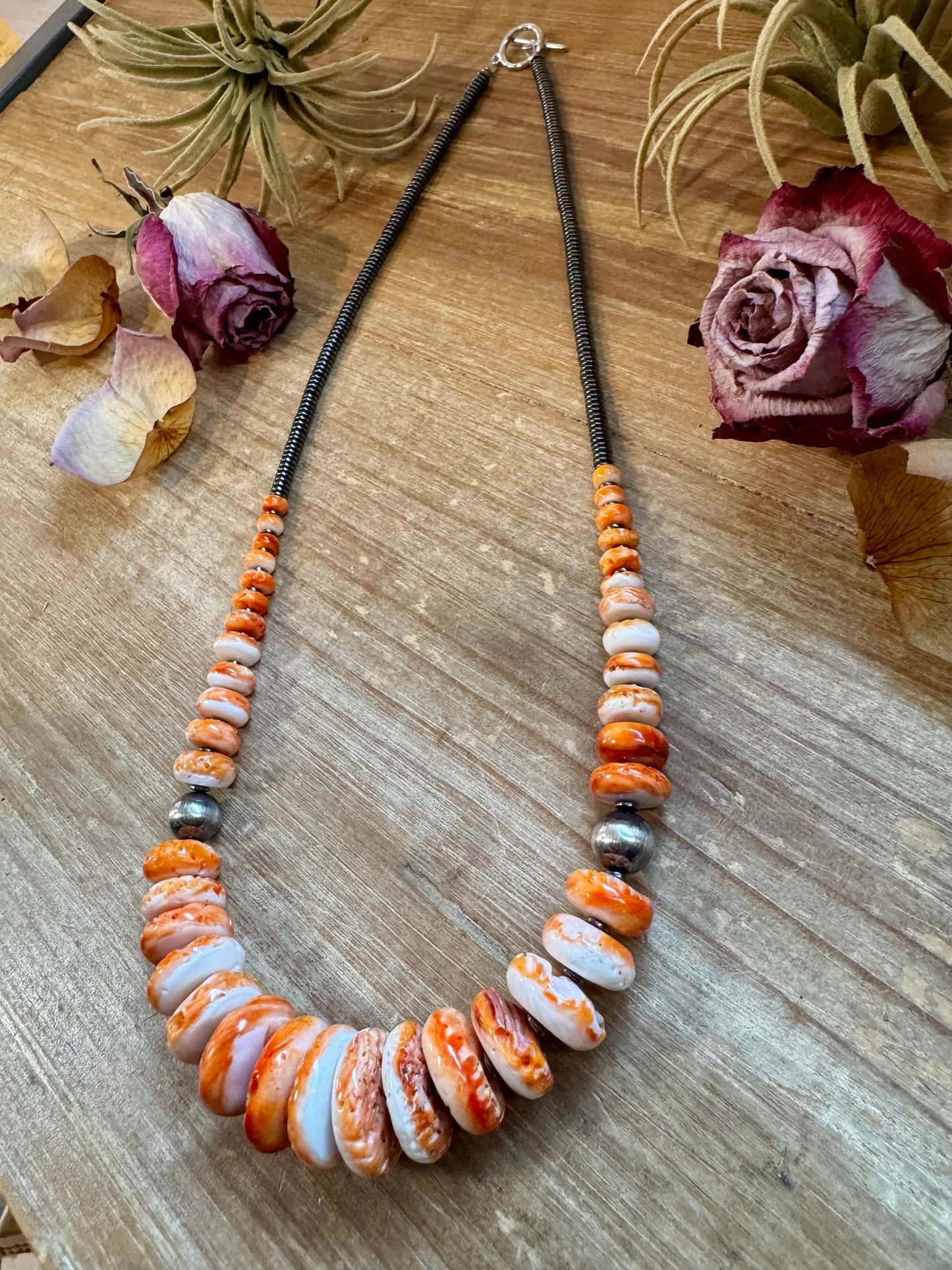 23 inch Graduated Orange Spiny Necklace with Sterling Silver Pearls