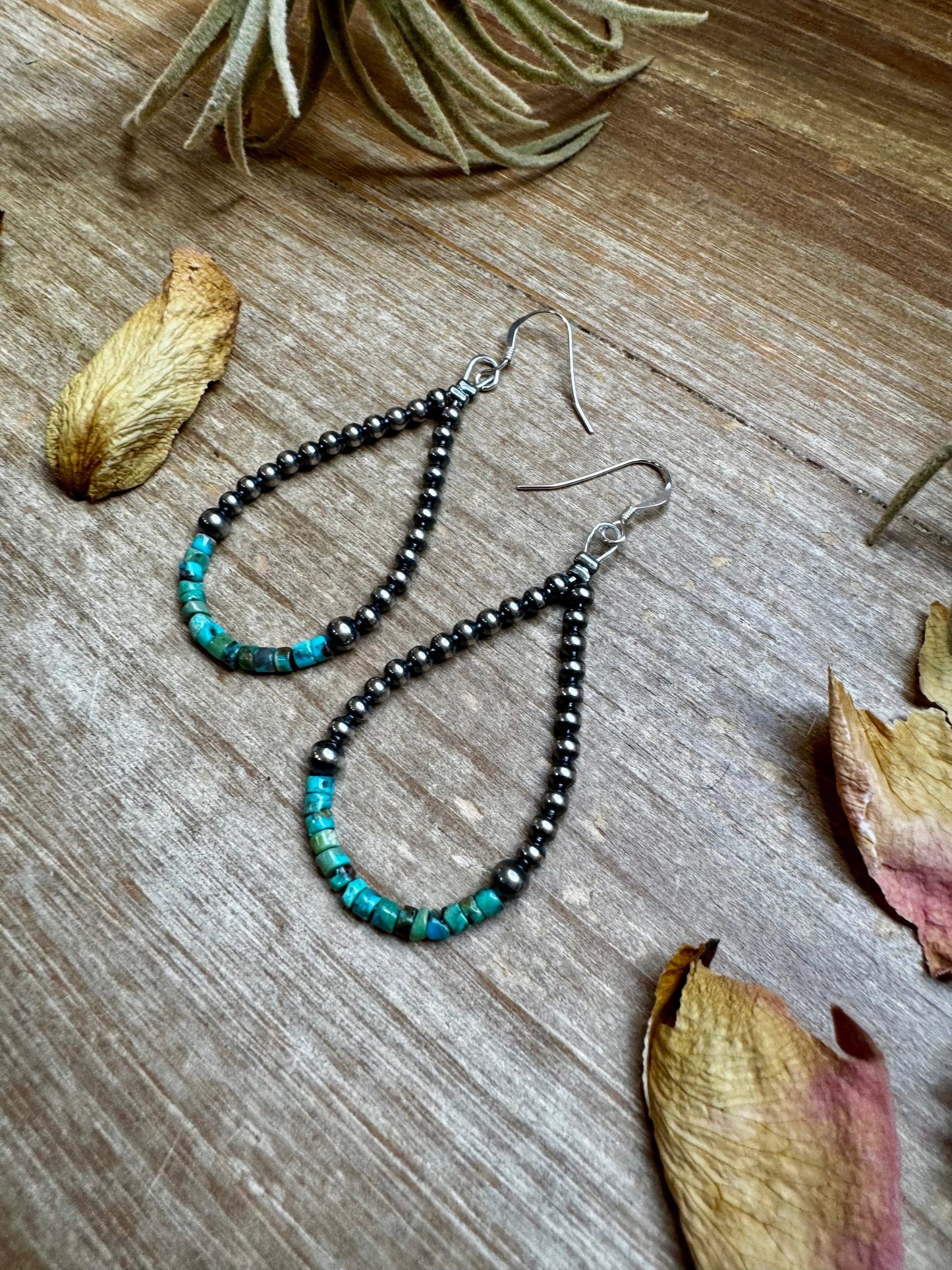 Teardrop Earrings – Sterling Silver Pearl & Blue Turquoise Heishi