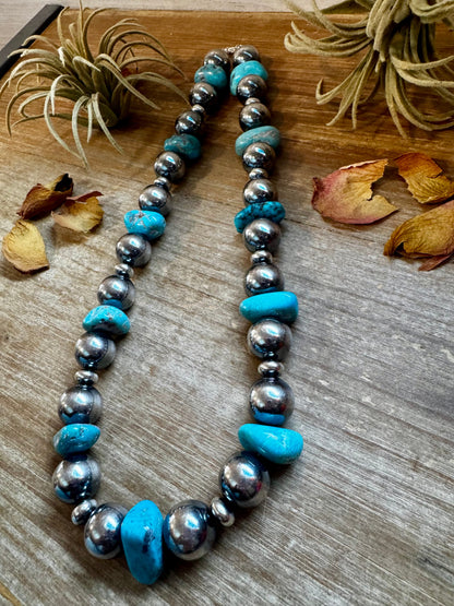 Turquoise Nugget & Sterling Silver Pearl Necklace – 21"