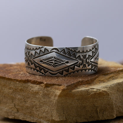 Sterling Silver Stamped Cuff Bracelet by Navajo Artist Barbara Bjanes