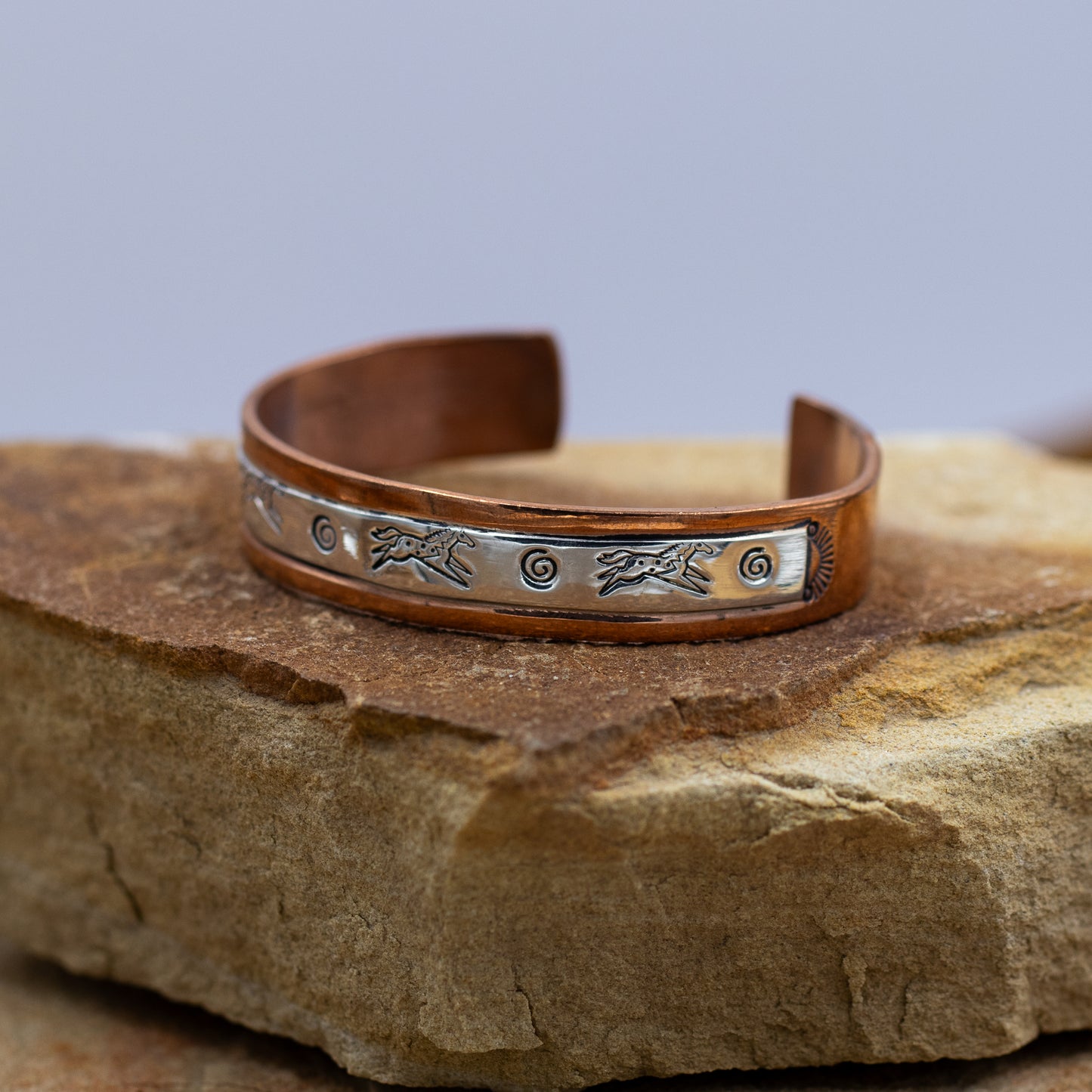 Sterling Silver & Copper Stamped Cuff Bracelet Running Horse