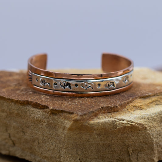 Sterling Silver & Copper Stamped Cuff Bracelet with Buffalo