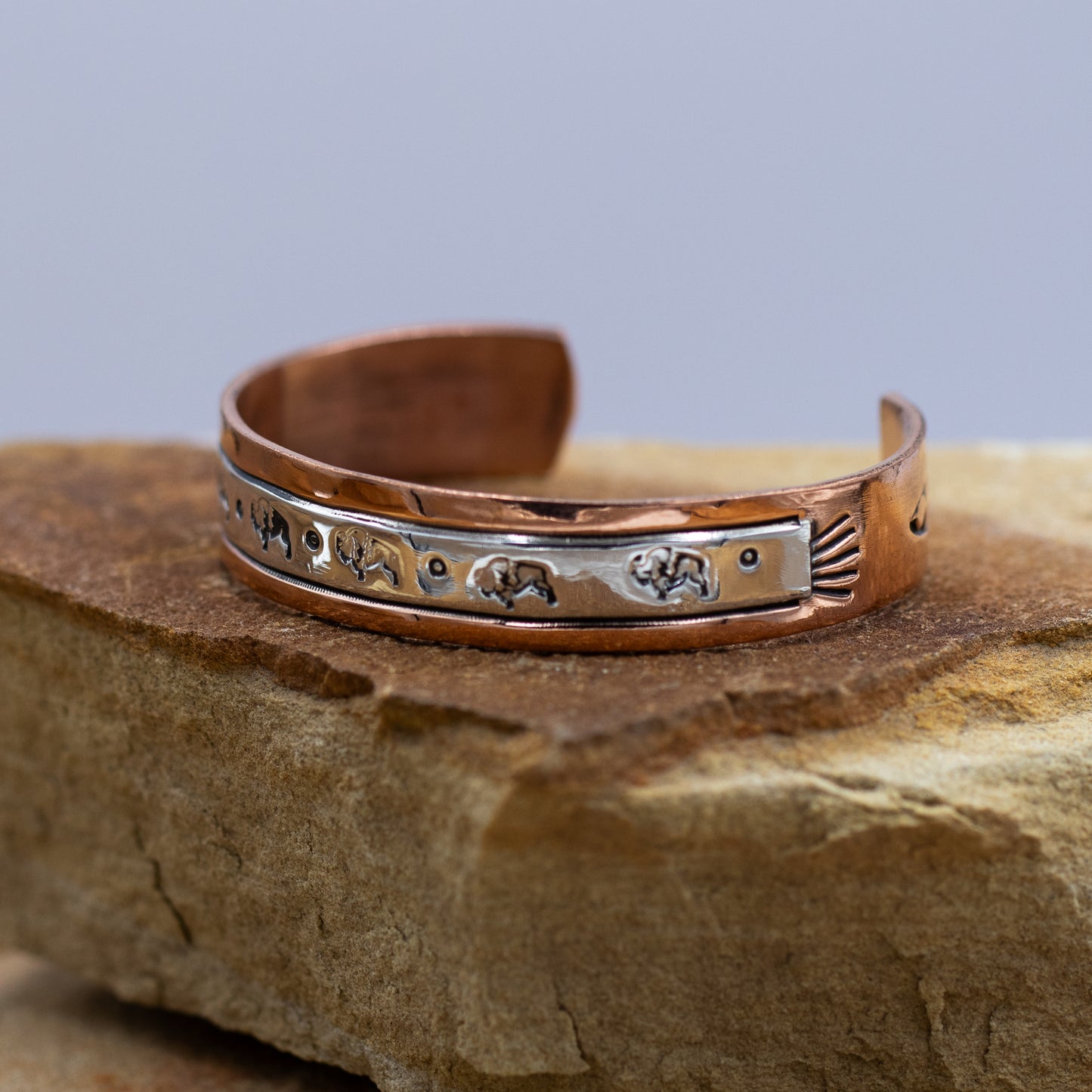 Sterling Silver & Copper Stamped Cuff Bracelet with Buffalo