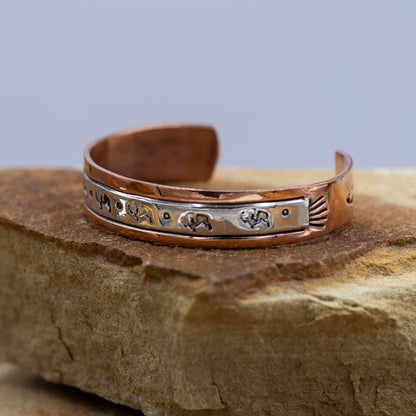 Sterling Silver & Copper Stamped Cuff Bracelet with Buffalo