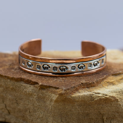 Sterling Silver & Copper Stamped Cuff Bracelet with Bear