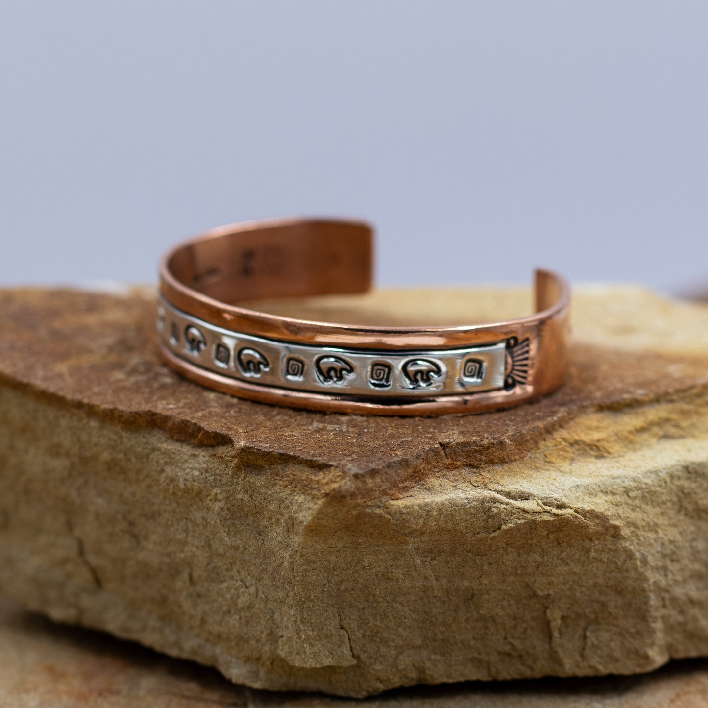 Sterling Silver & Copper Stamped Cuff Bracelet with Bear