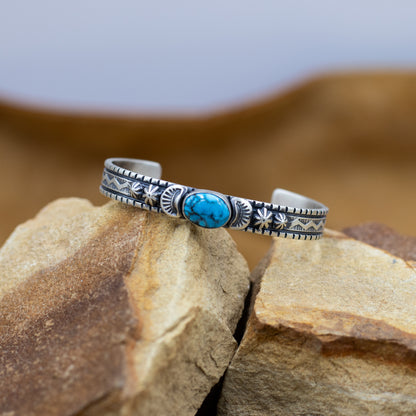 Bracelet Sterling Silver Kingman Turquoise Stamped Cuff Bracelet by Navajo Artist James Francisco