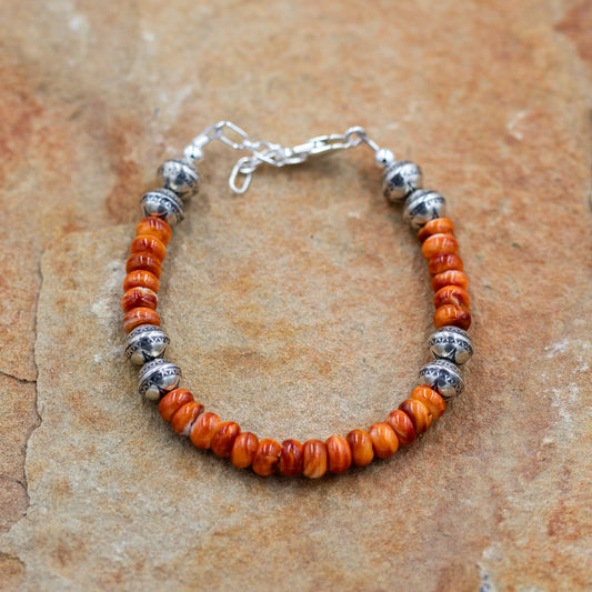 Stamped Sterling Silver Pearl Bracelet with Orange Spiny Oyster