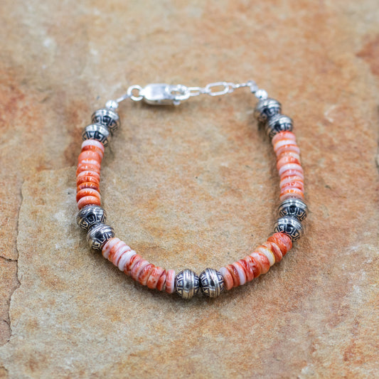 Sterling Silver Navajo Stamped Pearl Bracelet with Dark Orange Spiny Oyster beads