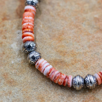 Sterling Silver Navajo Stamped Pearl Bracelet with Dark Orange Spiny Oyster beads