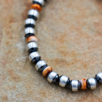 Sterling Silver 8mm Pearl Stretch Bracelet with Orange Spiny Oyster beads