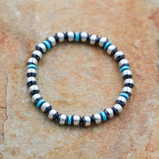 Sterling Silver 8mm Pearl Stretch Bracelet with Turquoise beads