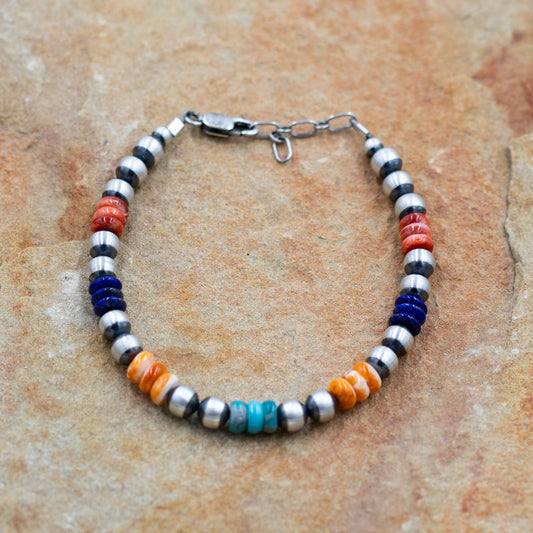 Multi Stone Sterling Silver 6mm Pearls Bracelet with Orange Spiny Oyster Lapis and Turquoise