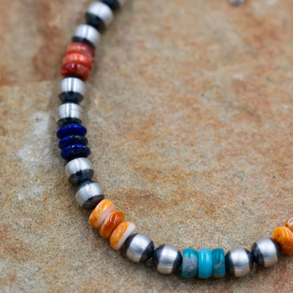 Multi Stone Sterling Silver 6mm Pearls Bracelet with Orange Spiny Oyster Lapis and Turquoise