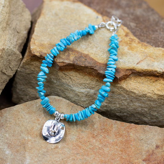 Bracelet Turquoise Chip with Sterling Silver Cowboy Hat & Bead Bracelet