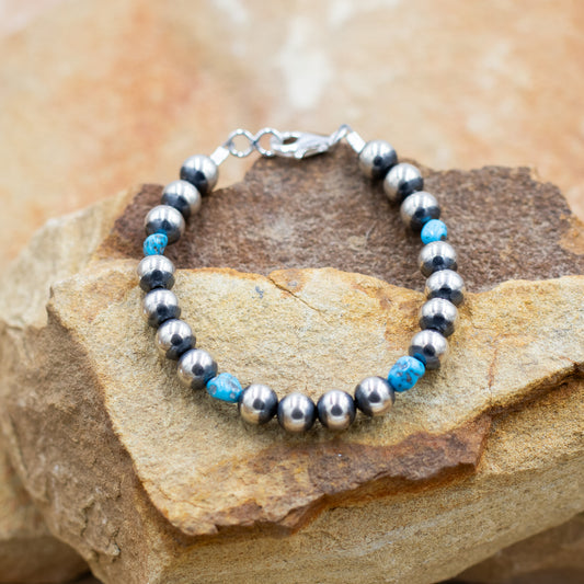 Sterling Silver 8mm Pearls Clasp Bracelet with Natural Turquoise beads