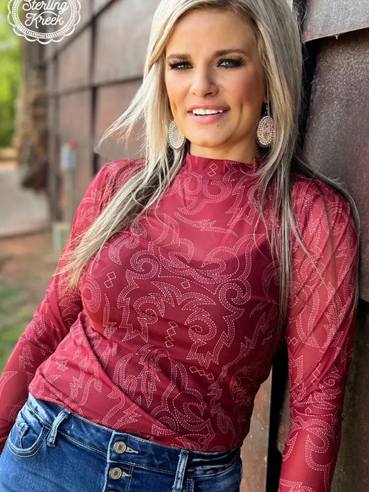 Maroon Boot Stitch Bonfire Nights Mesh Top